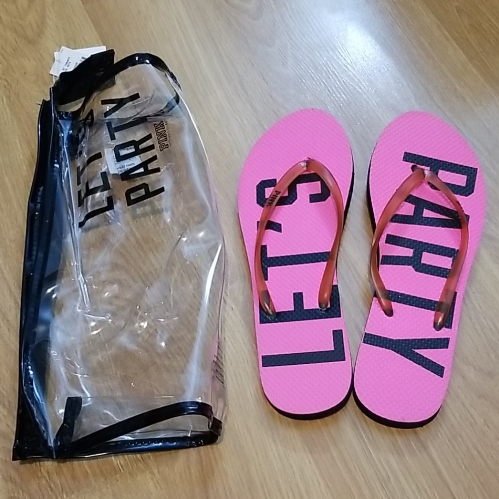 PINK let's party flip flops with travel bag size medium NWT